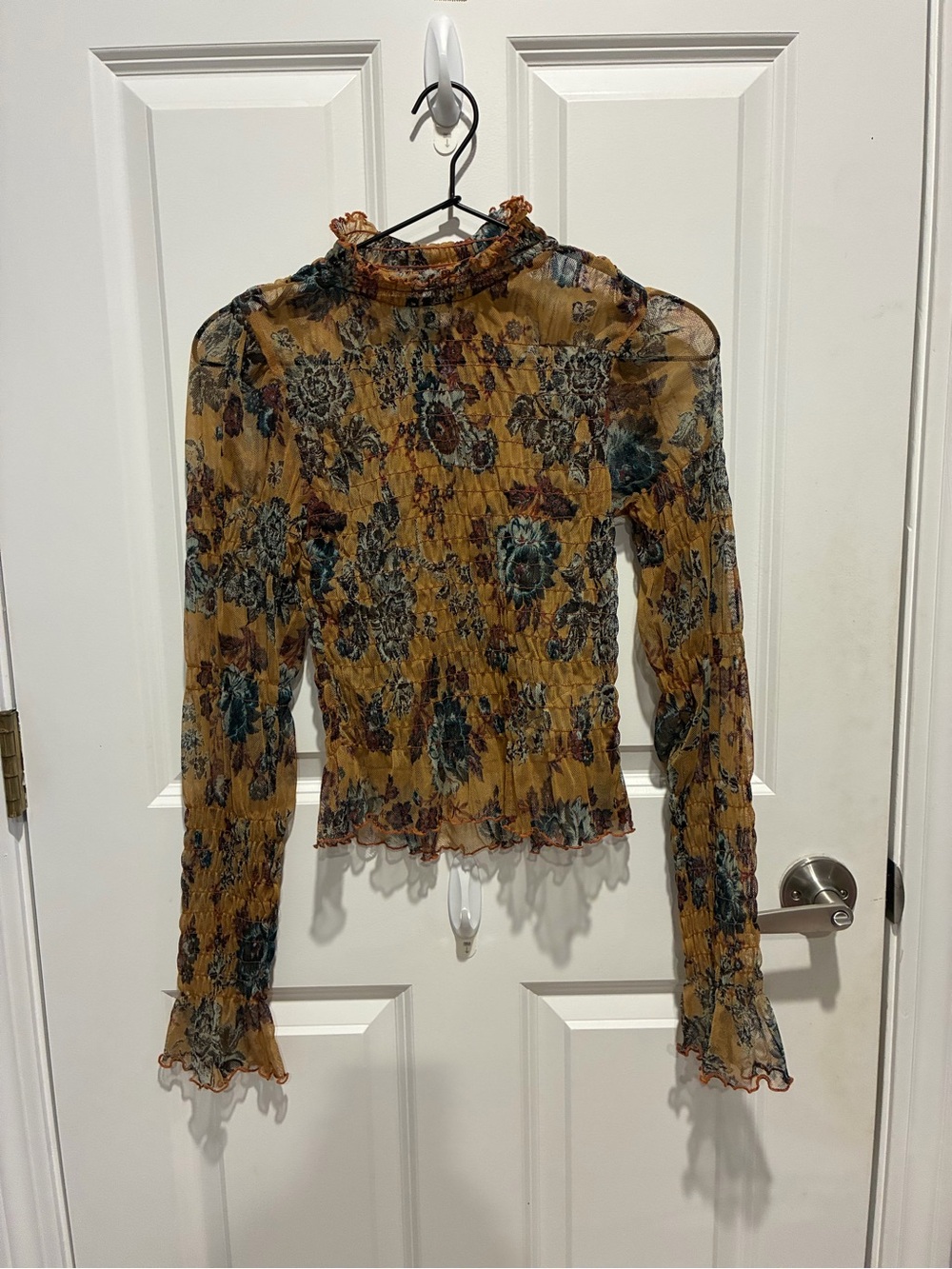 Free People Mustard Floral Smocked Long Sleeve Top